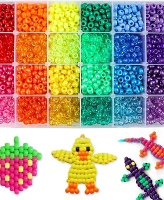 Quefe 2880pcs Pony Beads Kit, Kandi Beads for Hair, Rainbow Beads Plastic Bead for Craft 6 x 9mm 24 Colors 4 Styles Large Hole Beads Set for Bracelets Jewelry Making