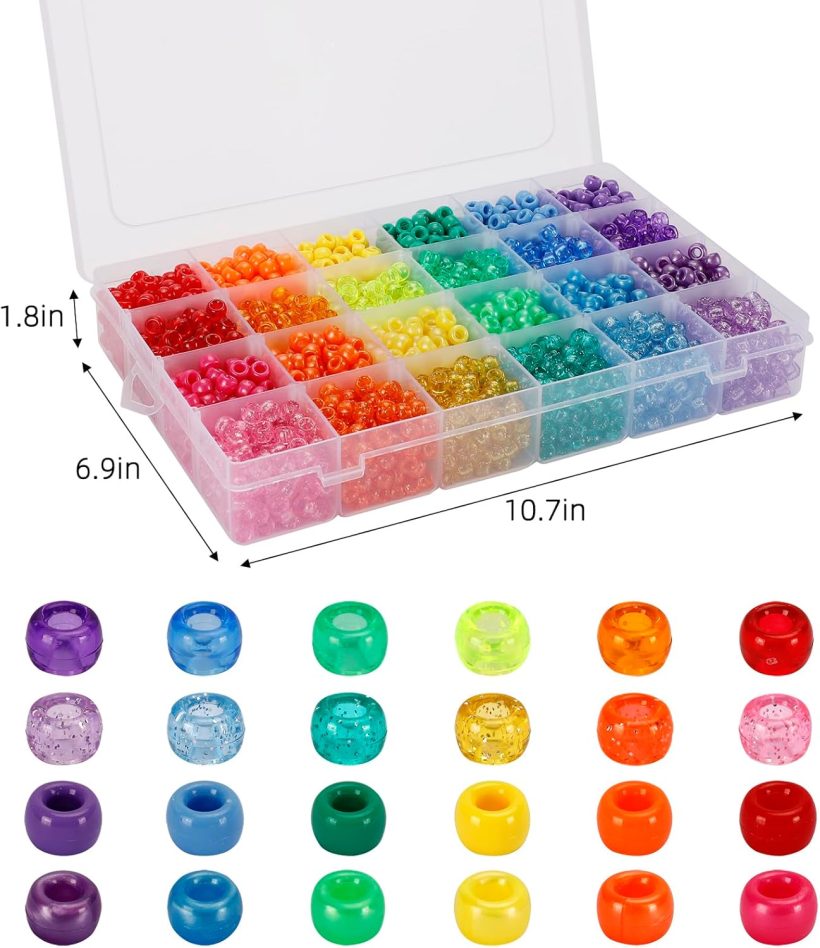 Quefe 2880pcs Pony Beads Kit, Kandi Beads for Hair, Rainbow Beads Plastic Bead for Craft 6 x 9mm 24 Colors 4 Styles Large Hole Beads Set for Bracelets Jewelry Making - Image 2