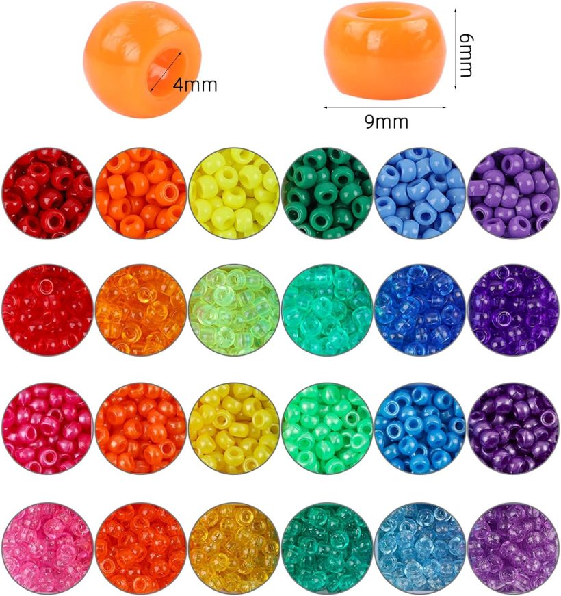 Quefe 2880pcs Pony Beads Kit, Kandi Beads for Hair, Rainbow Beads Plastic Bead for Craft 6 x 9mm 24 Colors 4 Styles Large Hole Beads Set for Bracelets Jewelry Making - Image 3