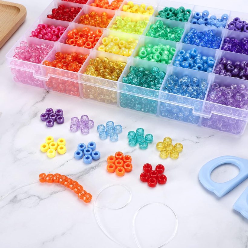 Quefe 2880pcs Pony Beads Kit, Kandi Beads for Hair, Rainbow Beads Plastic Bead for Craft 6 x 9mm 24 Colors 4 Styles Large Hole Beads Set for Bracelets Jewelry Making - Image 4