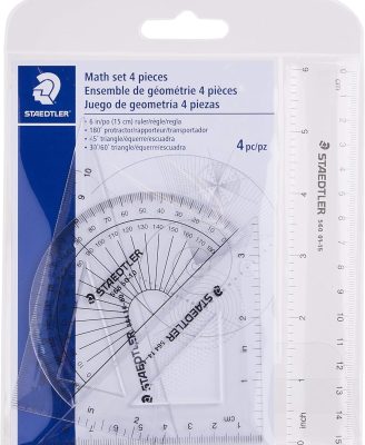STAEDTLER Math Set - 4 pc Geometry Kit for Students - School Supplies with Clear Protractor, 6in Ruler & 2 Triangles – Metric & Imperial Scales
