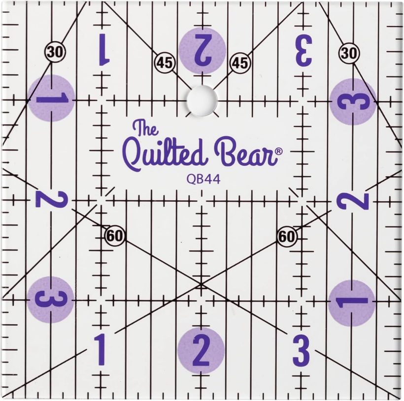 The Quilted Bear Quilting Rulers - Transparent Acrylic Non Slip Quilting, Patchwork & Sewing Ruler with Clear Black Lines & 30, 45 & 60 Degree Angles (4" x 4")