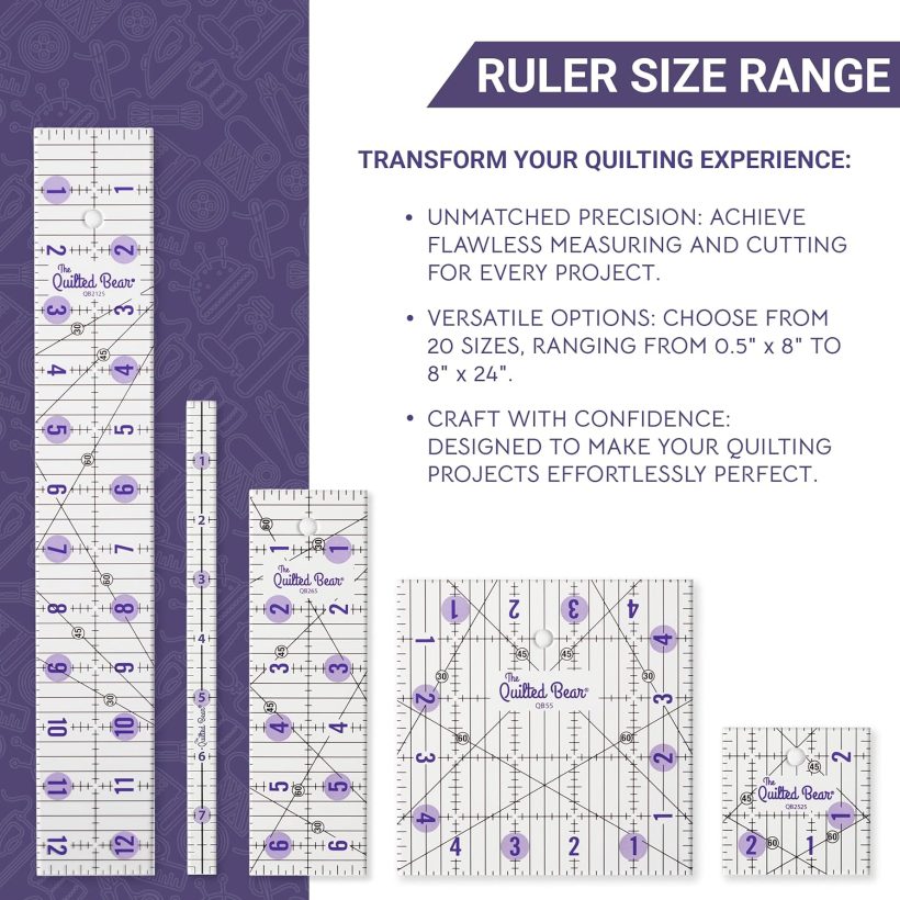 The Quilted Bear Quilting Rulers - Transparent Acrylic Non Slip Quilting, Patchwork & Sewing Ruler with Clear Black Lines & 30, 45 & 60 Degree Angles (4" x 4") - Image 2